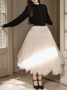 French Court Style Mesh Half Skirt A-Line Puffy Midi Skirt Womens Fairy Tale Ballet Skirt Spring Summer Breathable Comfortable