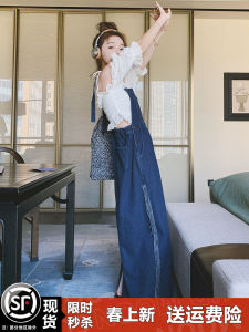 Retro Hong Kong Style Denim Overalls Dress Women Summer Thin New Elegant Loose Casual Long Dress to Ankle High Waist Button Detail