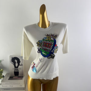 เสื้อยืดคอกลมแขนสั้นปักคริสตัลสไตล์ฝรั่งเศส ทรงหลวม ทรงเข้ารูป ใส่ได้หลากหลาย ผ้าถักนิตติ้ง ผ้าฝ้ายผสมโพลีเอสเตอร์