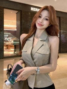 GUZILIAN | Khaki Slim Fit Shirt Womens Summer Belted Short Sleeve Design Sense Short Top Korean Style Commute Wind Pure Color