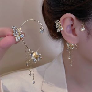 1Pcs Shiny Zircon Butterfly Ear Cuff Gold Color Tassel Clip On Earrings For Women Korea Style Copper Earring Without Piercing Jewelry