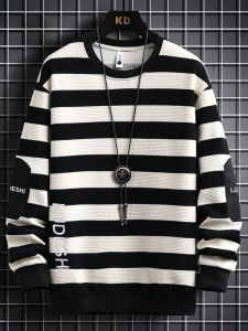 ROMON | Lormen Mens Striped Sweatshirt Casual Long Sleeve Spring Autumn Style Comfortable Loose Fit T-shirt Youth Fashion Top