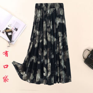 Summer Ice Silk Long Printed Pleated Skirt High Waist Antifade No Iron Skilled Artful Embellishment Womens Premium Fashion