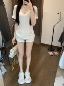 Slim Fit V-Neck Short Sleeve T-Shirt Womens Versatile Half Sleeve Lazy Fashion Top Spring Summer New Arrival Pure Color Korean Style