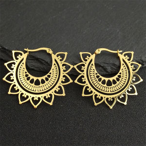 India Gypsy Tribal Ethnic Mandala Stainless Steel Earrings Women Gold Color Lotus Flower Hoop Jewelry aretes E9354S01