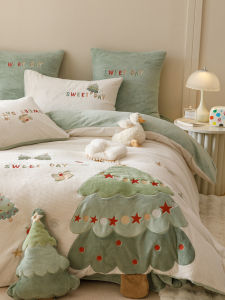Winter Fresh Heattech Waffle Milk Fiber Four-Piece Cute Christmas Tree Quilt Cover Thickened Childrens Bedding