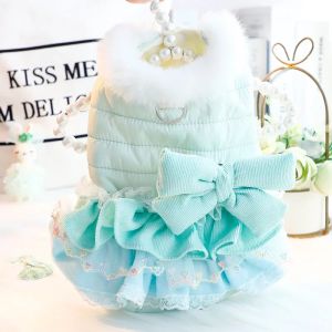 HBESTY Princess Dog Winter Coat Thick Warm Cat Dog Dress with Bowknot Pet Clothing for Small Breeds
