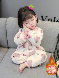 Thickened Coral Fleece Baby Girl Pajamas Winter Home Clothes Cartoon Design Warm Anti-static Easy-to-wear Offspring Outfits