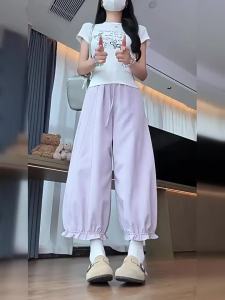 XIANYIJIAO | Purple Flowerbud Wide Leg Pants Lightweight Fast-drying 3/4 Length Small Size Summer