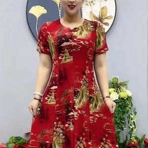 Ethnic Style Retro Floral Dress Women V-neck Internet Celebrity New Version Foreign Flavour Middle age mother Plus Size Chiffon Dresses Lady Short Sleeve A-line dress