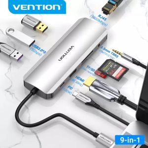 Vention USB หลายพอร์ตชนิด C ถึง USB 3.0 4K HDMI VGA การ์ดความจำ PD RJ45 3.5มม. สัญญาณเสียงอุปกรณ์เพิ่มช่องยูเอสบีเต็มที่ Thunderbolt 3 USB C ตัวแปลงแบบหลายพอร์ตสำหรับ iPad Pro 2020 Samsung Galaxy P20 30 Mate 20 30 USB C Splitter