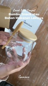 GUNINCO Toples Kaca Kopi Gula Teh Bumbu Dapur Tutup Kayu Bambu Kedap Udara dengan Sendok 350 ml 600 ml Multifungsi