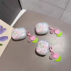 For AirPods Pro Case Pink Flowers Case With hanging chain Anti Lost Transparent Earphone Sleeves Wireless Bluetooth Headset Protective Case for Airpods 1/2/3/Pro/Pro 2 Generation Earphone Protective Drop-Resistant Shockproof Cartoon Headset Case Set