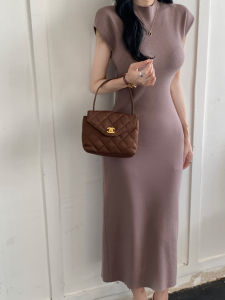 Elegant French Style Knitted Dress Womens Autumn New Semi High Collar Slimming Short Sleeve mid Length Skirt Single Piece