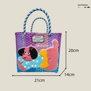 Large Capacity Woven Handheld Vegetable Basket Bag Cartoon Cute Picnic Countryside Vacation Beach Handheld Luggage Womens Bag