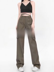 High Waist Wide Leg Workwear Jeans Womens plus Size Multi Pocket Slimming Straight Cut Short plus Heightening Deep Color