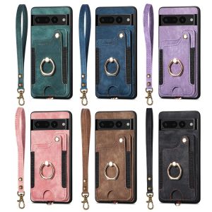 Leather Wallet Lanyard Case For Google Pixel 7 Pro 7A Pixel 6 Pro 6A Phone Case Card Slot Shockproof Protective Finger Ring Holder Cover