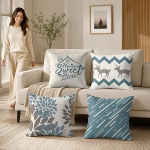 Nordic Sweet Light Blue Geometric Cushion Cover Soft Short Plush Double-Sided Printing Home Decor Machine Washable Pillow Case