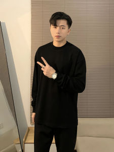 เสื้อยืดคอกลมแขนยาวผ้าฝ้ายแท้สีดำสำหรับผู้ชาย เสื้อเชิ้ตชั้นในลำลองสไตล์อเมริกัน ทรงหลวม ทรงเข้ารูป ทรงปกติ