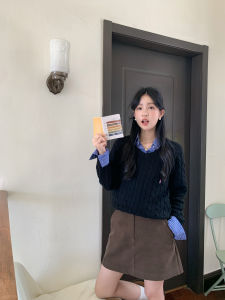 เสื้อสเวตเตอร์ถักคอวีสไตล์ย้อนยุค XIYO เส้นด้ายผ้าขนสัตว์แบบถักสลับสีสันสดใส เสื้อชั้นในสีพื้นสำหรับฤดูใบไม้ร่วง