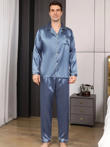 Mens Satin Pajama Set Linter Lapel Collar Long Sleeve Tops & Pants Sleepwear Button Down Loungewear Autumn Pyjama For Man