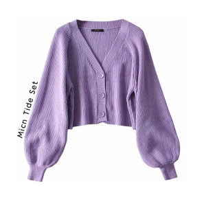 เสื้อตัวนอกผ้าถักแขนพองทรงหลวมสไตล์ตะวันตกสำหรับผู้หญิง เสื้อคาร์ดิแกน เสื้อไหมพรมแขนพองแบบสั้นแนวสตรีทแมทช์ลูกค่าเสื้อท่อนบน