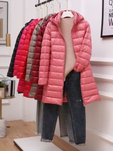 Lightweight Womens Mid-Length down Jacket White Duck Feather Hooded Coat Thin Outerwear Large Size Detachable Cap