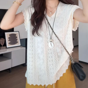 Shalldoer | Áo len dệt kim hở vai mỏng mùa hè thời trang đa năng ren móc hoa cho nữ thường ngày cổ chữ V dài tay áo sơ mi