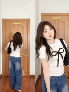 Plus Size Plus Size Ladies Pure Desire Sweet and Spicy Bows Cropped Small Top Female Summer Loose Slim Looking Pullover Leisure T-shirt Ins Fashion