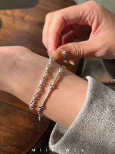 Simple Design Korean Style S925 Sterling Silver Bracelet with Bamboo Knot Beads Fashionable Layering Bracelet for Bloggers