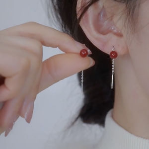 S925 Sterling Silver Earrings Natural Cinnabar Thread Vintage Red Bean Love Knot Lucky Charm Fashionable Jewelry for Women