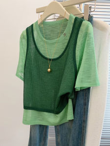 BINKAFENNY | Slimming Large Size Green Short Sleeve Knitted Round Neck Top Womens Loose Fashionable Summer Shirt Korean Style Basic Model