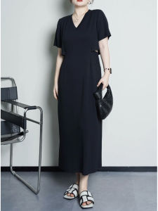 plus Size Womens V-Neck Summer Slimming Long Dresshigh Waist Hollow out Korean Style Commute A-Line Skirt