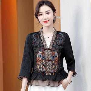 New 2025 Chinese Style Hanfu Womens Heavy Embroidery V-neck Open Cardigan Retro Color Block Short Outerwear Summer Fashion