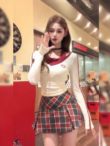 Slimming Plaid French College Style Two-Piece Set Womens Autumn plus Size Hanging Neck Top And Skirt Ensemble High Waist A-Line Dress
