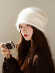 Winter Stuffed Knitted Cold Cap Girls White Gentle Heattech Rabbit Fur Pile Heap Cap High Quality Crimped Pullover Hat