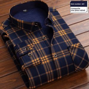 Thickened Fleece Winter Warm Shirt Mens Large Size Long Sleeve Plaid Print Dad Style Business Casual Shirt Milk Silk Polyester