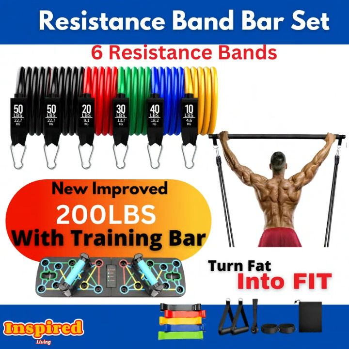 12-Piece Premium Pro Resistance Band Set with Door Anchor Ankle Strap and Foam Handles - 200LBs Total Space-Saving Home Gym Workout Equipment