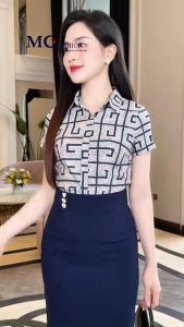 Áo sơ mi  nữ công sở mcfashion tay ngắn họa tiết chất lụa nhật phong cách cá tính màu hồng xanh than vàng xang dương 758