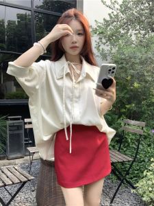 เสื้อเชิ้ตคอวีแขนยาวผ้าไหมน้ำแข็งสไตล์ฝรั่งเศสสำหรับผู้หญิง ทรงหลวม ลายทาง สีพื้น เสื้อเชิ้ตทำงานคอวี ฤดูใบไม้ผลิ 2025