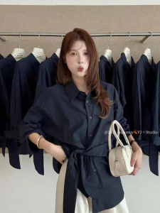 Elegant French Design White Shirt Womens Waist-Cinching Top Versatile Winter Fashionable Button-up Long Sleeve Mid-Length