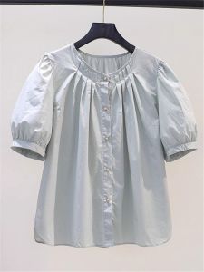 Counter Tail Order Puff Sleeves Cotton Shirt Womens Summer Loose Casual Shirt Stylish Pleated Short Sleeves Small Shirt Top