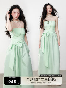 Yuzhi Summer New Slimming Waist Tie Design Long Dress Strapless Gown Butterfly Knot High Waist A-Line Cotton Blend Skirt