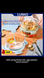 LUMAO High Borosilicate Vertical Patterned Glass Lunch Box With Transparent Lid Microwave Heated Sealed Lunch Box 玻璃 便當盒可微波