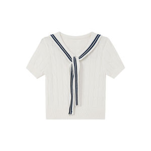 Color Blocking Sailor Collar Cable Stitch Summer College Style Design Sense T-shirt