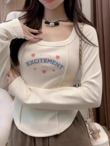 Womens Fishbone Square Collar Long Sleeve Base Shirt Short Style Slim Fit Short T-shirt Autumn Winter Pure Desire Fashion