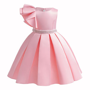 Kids Girls Princess Dress Fashion One-side sleeve Solid Color Vest Pearl Dresses Host Gown