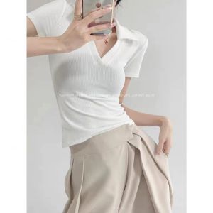 French Elegant White Knitted Short Sleeve T-Shirt Women Summer V-Neck Pure Desire Casual Shoulder Polo Shirt Top