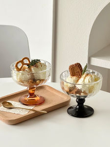 Retro Glass Ice Cream Cup with Relief High Footed Dessert Bowl Yogurt Breakfast Bowl Small Niche Atmosphere Sense