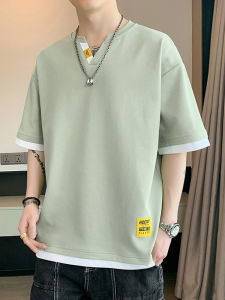 เสื้อยืดคอกว้างแขนสั้นทรงหลวมสำหรับผู้ชายในช่วงฤดูร้อน ทรงหลวม ทรงลำลอง สไตล์ย้อนยุค ทรงปกติ ผ้าโพลีเอสเตอร์